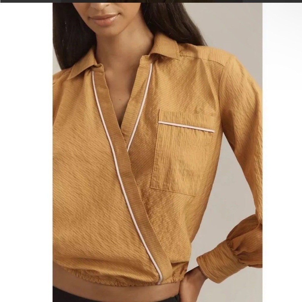Anthropologie Maeve Long-Sleeved Piped Wrap Blouse Mustard Yellow Motif Size L - Picture 3 of 9